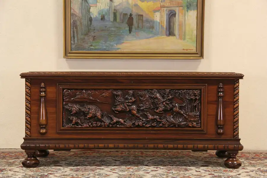 Main image of Bench or Cedar Chest, Signed Carved Renaissance Hunting Scene