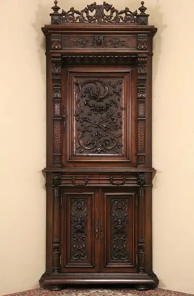 Main image of Renaissance Carved 1890 French Corner Cabinet, Carved Lions & Dragons
