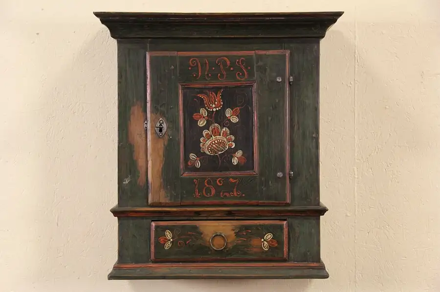 Main image of Swedish 1827 Dated Hand Painted Antique Hanging Cupboard or Medicine Chest