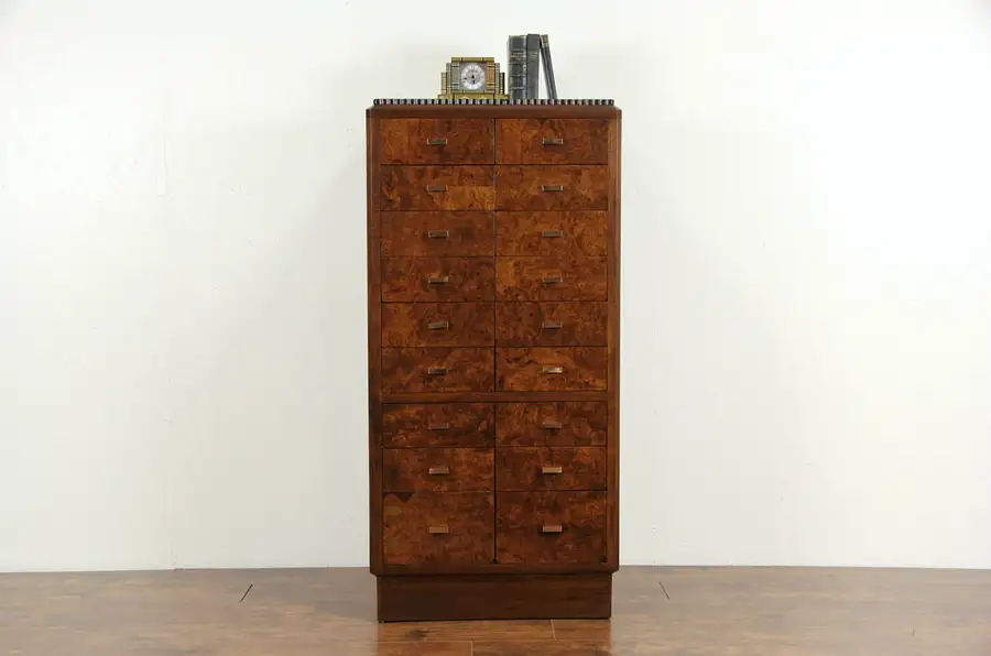 Main image of Art Deco 1925 Burl 18 Drawer File Cabinet Chest, Marshall Field Chicago