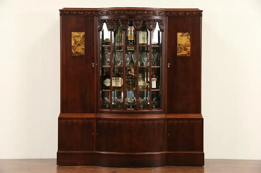 Main image of French Art Deco 1920 Antique China or Bar Cabinet, Rosewood & Marquetry