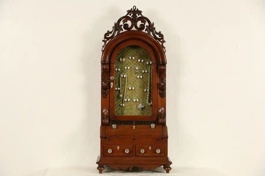Main image of Victorian 1860 Antique Carved English Knife & Spoon Cabinet or Jewelry Chest