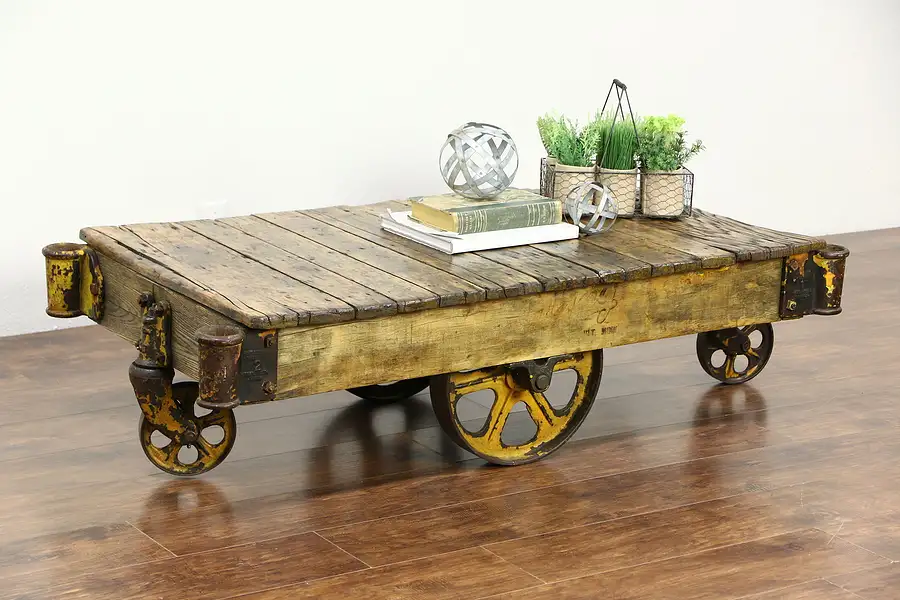 Main image of Industrial 1910 Antique Salvage 4 Wheel Factory Cart or Coffee Table