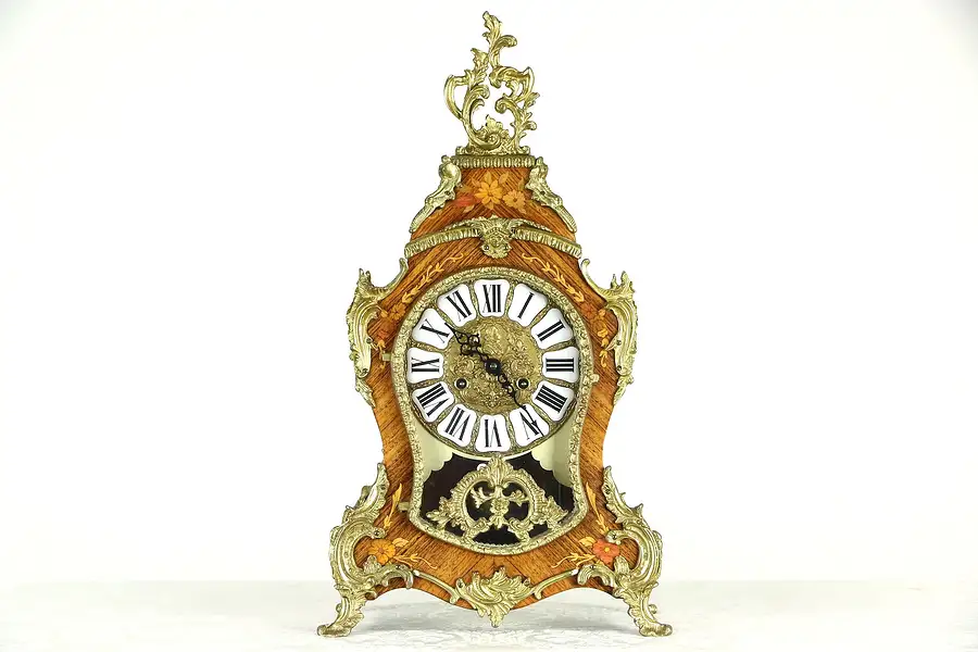 Main image of Mantel Clock, Signed Hermle, Vintage Italian Marquetry Case, Brass Mounts