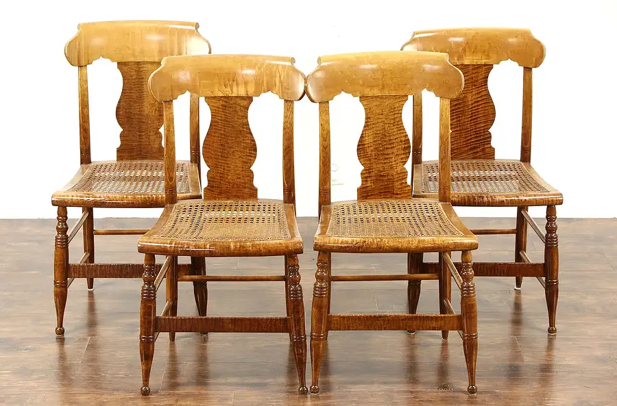 Main image of Set of 4 Antique 1830 Tiger Birdseye Curly Maple New England Dining Chairs