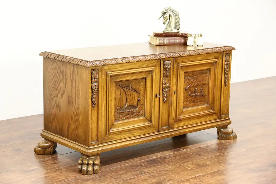 Main image of Cabinet or TV Console Scandinavian Antique Carved Oak Viking Ship Grapes & Canoe