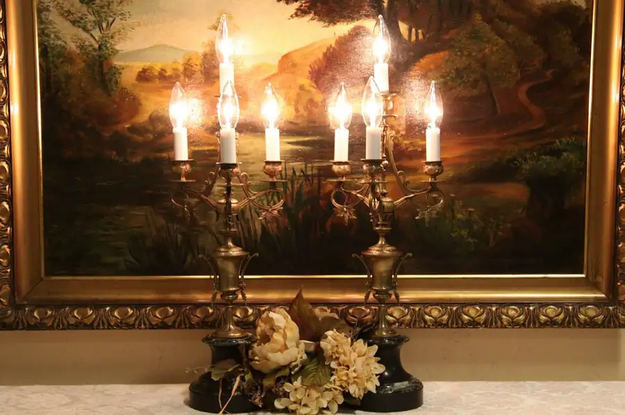 Main image of Pair of Antique French Bronze & Marble Candelabras