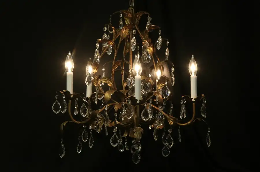 Main image of Wrought Iron Chandelier, 5 Candles & Prisms