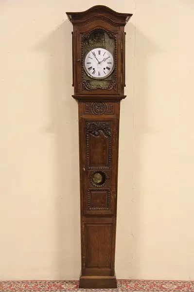 Main image of Country French Carved Oak Morbier Tall Case Grandfather Clock
