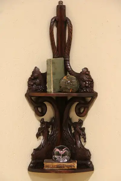Main image of Victorian 1870 Antique Corner Shelf, Carved Griffins