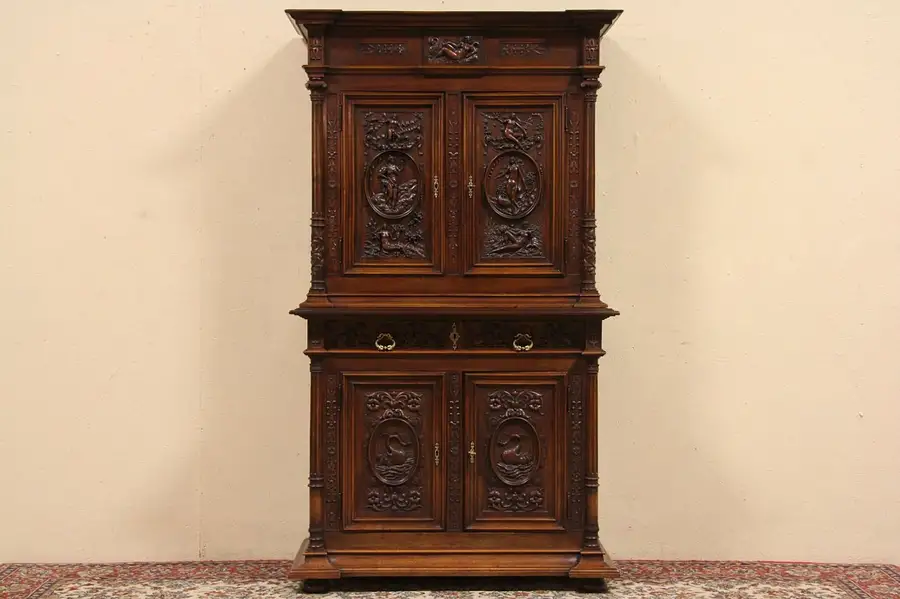 Main image of Nudes & Swans Carved 1890's Antique French Cabinet