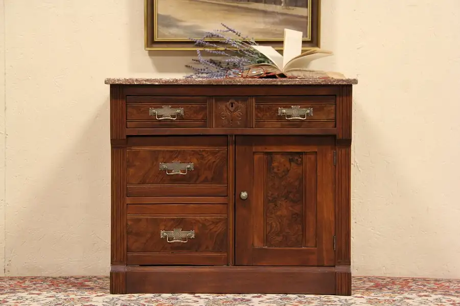 Main image of Eastlake Marble Top 1880 Antique Small Chest or Commode