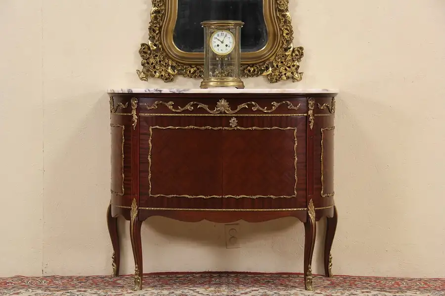 Main image of Marble & Marquetry 1930's Vintage Italian Demilune Console
