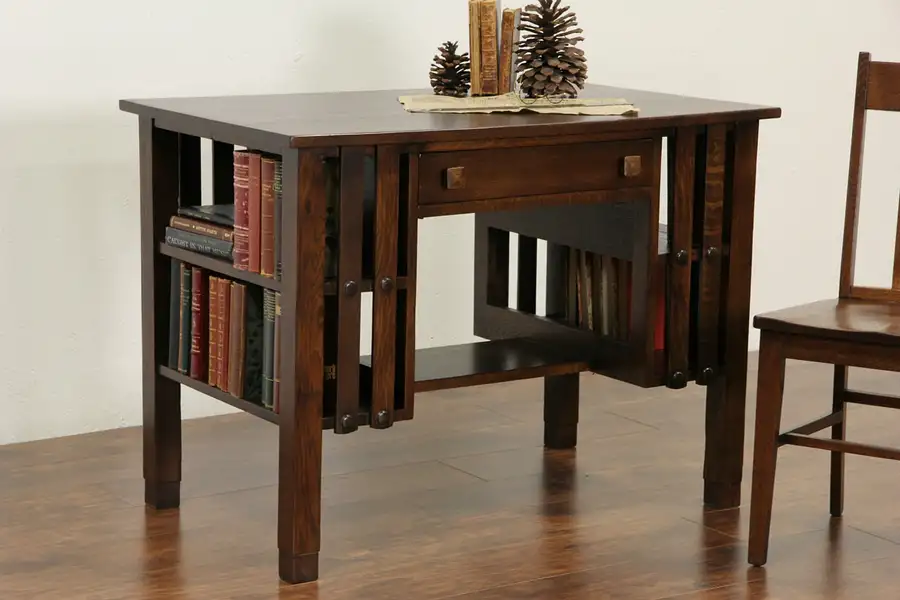 Main image of Arts & Crafts Mission Oak Antique 1910 Writing Desk, Library Table, Bookshelves