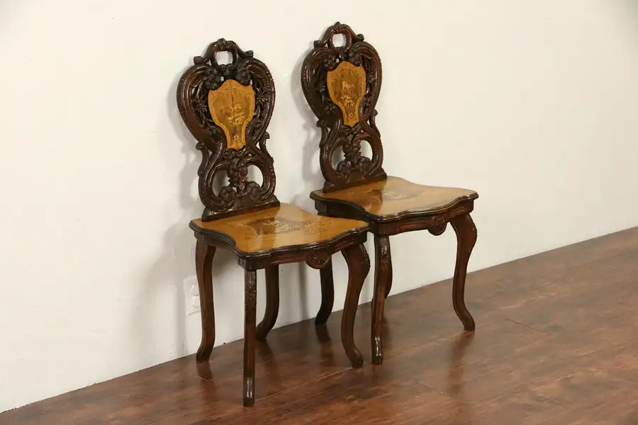 Main image of Black Forest 1880 Antique Pair Carved Marquetry Chairs, Wedding March Music Box