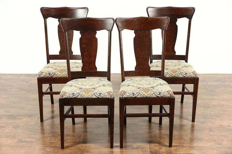 Main image of Set of 4 Quarter Sawn Oak Antique 1900 Dining Chairs, New Upholstery