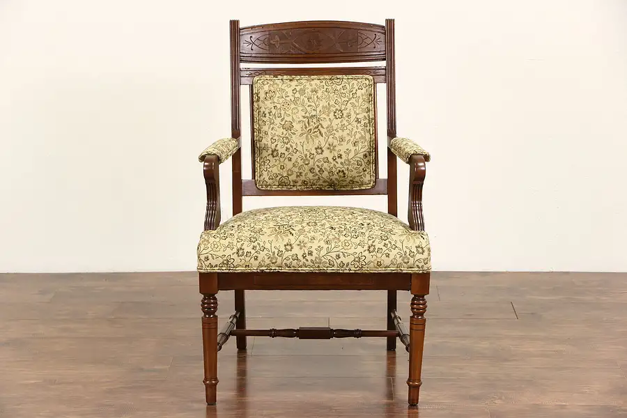 Main image of Victorian Eastlake Cherry 1880 Antique Chair with Arms, Newly Upholstered