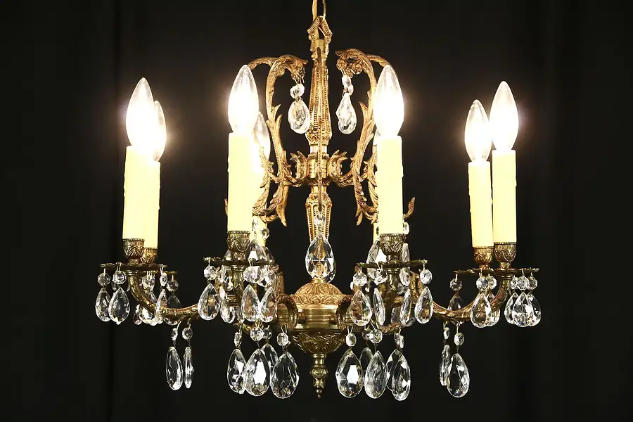 Main image of Chandelier, Vintage Brass with 8 Candles, Cut Prisms