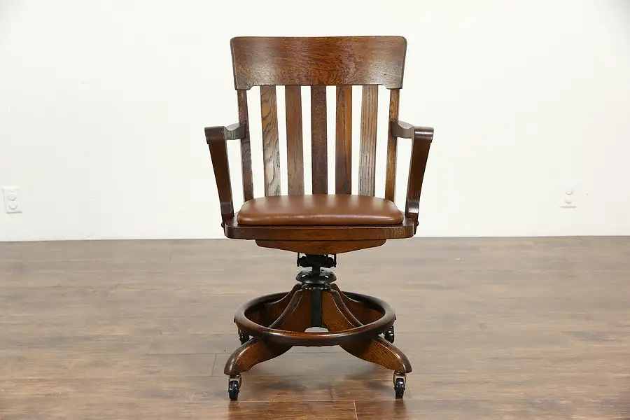 Main image of Oak Swivel Adjustable Antique Desk Chair with Arms, Leather Seat