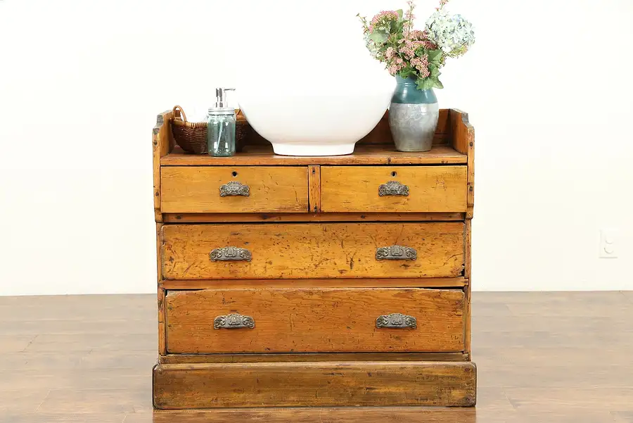 Main image of Country Pine Antique Primitive Chest, Dry Sink, or Server, Iron Pulls