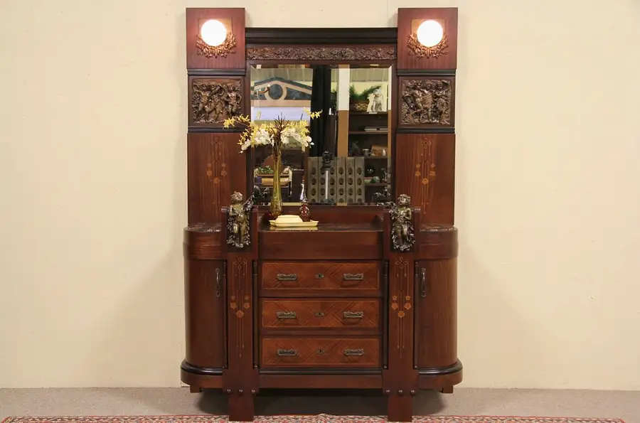 Main image of Italian 1915 Dresser with Mirror, Marble, Bronze Cherubs