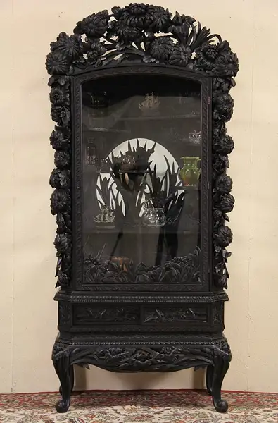 Main image of Japanese 1920's Carved Lacquer Curio China Display Cabinet