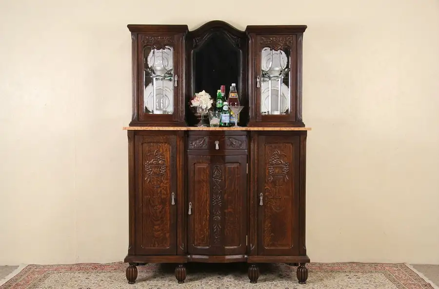 Main image of Art Deco 1925 Antique Marble Top Oak Sideboard & Leaded Glass Curio Cabinet