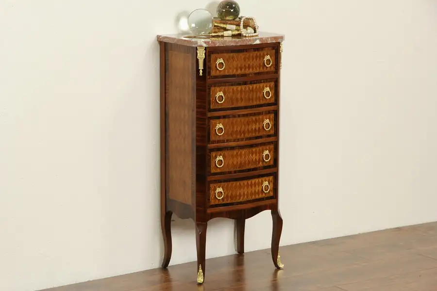 Main image of French 1920's Marquetry Marble Top Narrow 5 Drawer Chest or Nightstand