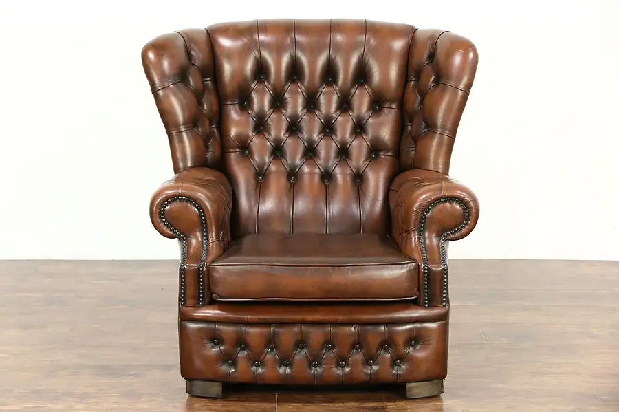 Main image of Tufted Brown Leather Vintage Scandinavian Wing Chair