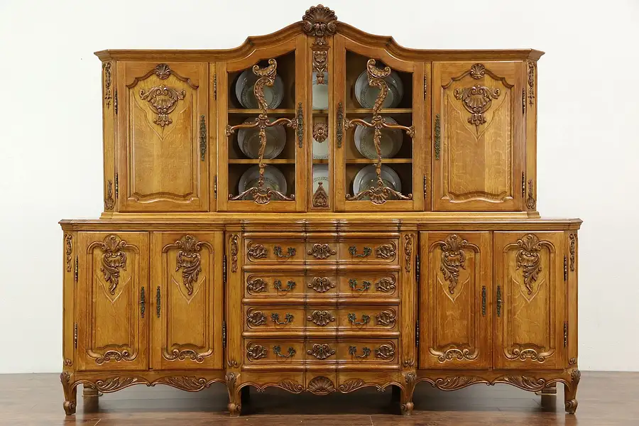 Main image of Country French Hand Carved Oak Vintage Provincial Sideboard & China Cabinet