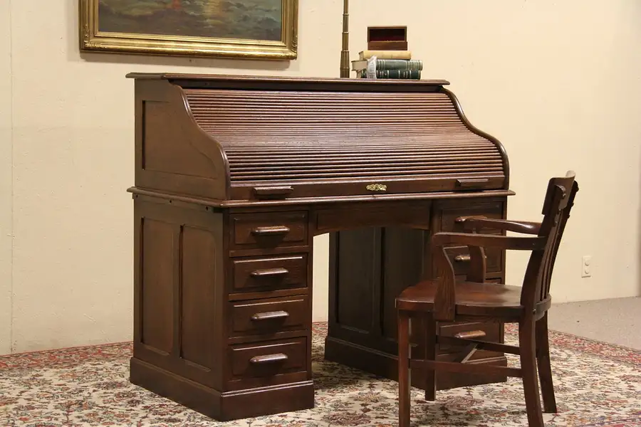Main image of Oak 1900 Antique Paneled S Curve Roll Top Desk, File Drawer