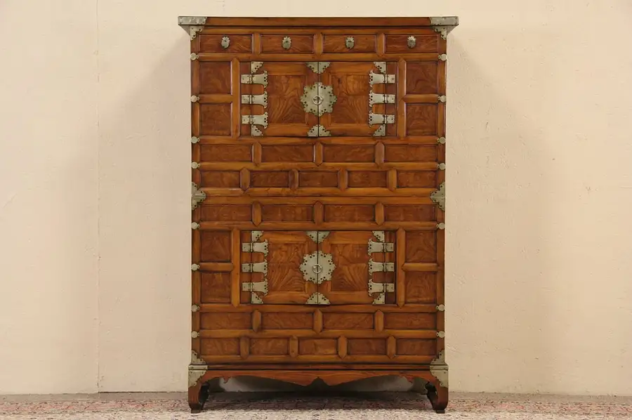 Main image of Korean Antique Ash 1900 Dowry Chest, Engraved Brasses