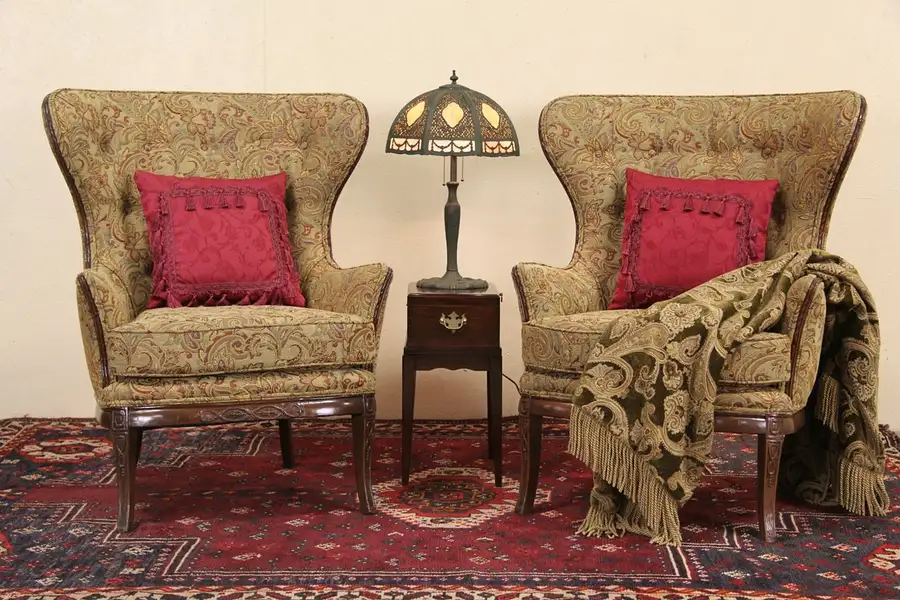 Main image of Pair of Wingback 1940's Vintage Chairs, Newly Upholstered
