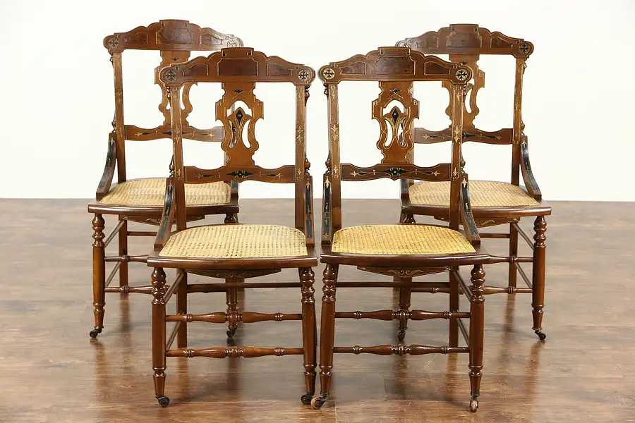 Main image of Set of 4 Victorian Eastlake 1880 Antique Carved Walnut Dining or Game Chairs