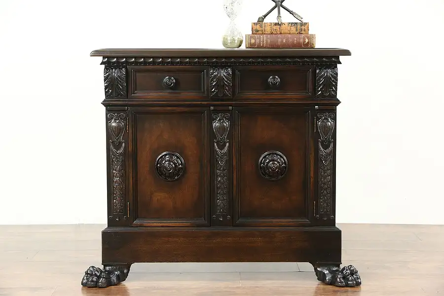 Main image of Italian Antique Hall Console Cabinet or Sideboard, Carved Walnut Lion Paw Feet