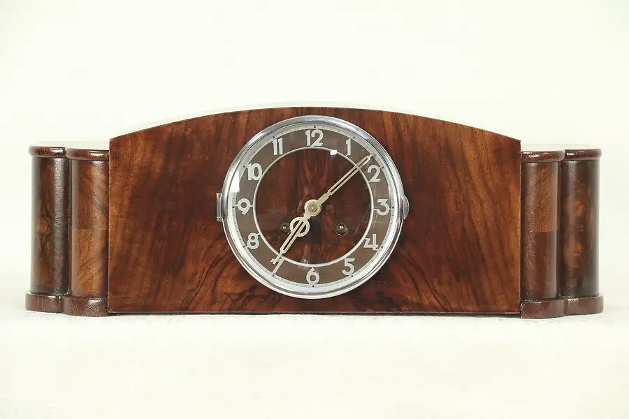 Main image of Art Deco 1930's Vintage Mahogany Mantel Clock, Signed Hermle, Germany
