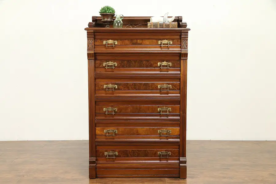 Main image of Victorian Eastlake Antique Walnut & Burl Tall Chest, Original Pulls