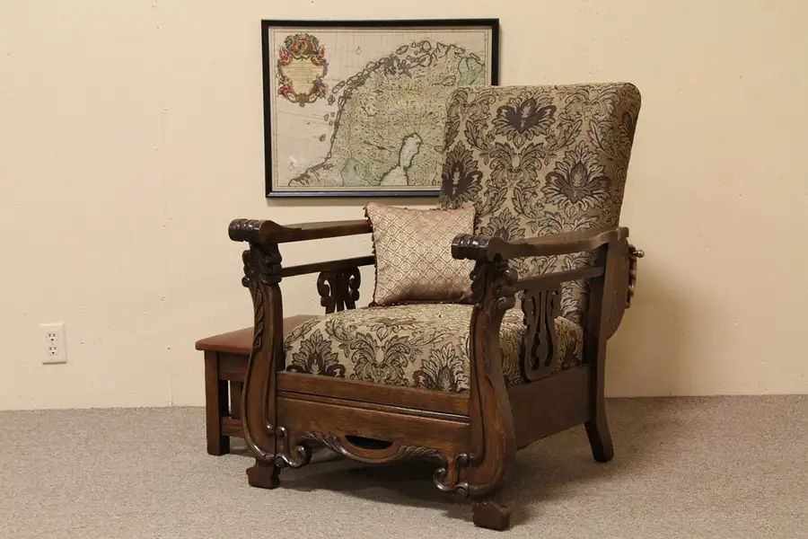 Main image of Morris Antique Oak 1900 Recliner Chair, Footrest