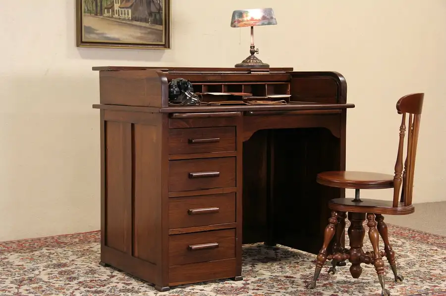 Main image of Railroad Roll Top 1880's Antique Desk, Stand Up Or Stool Height