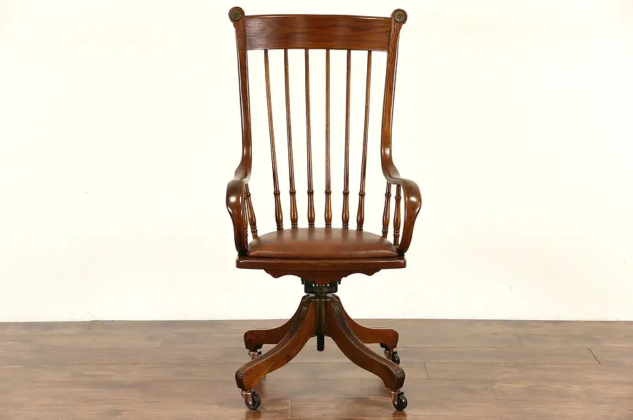 Main image of Victorian Oak 1890 Antique Swivel Adjustable Desk Chair, Leather Seat