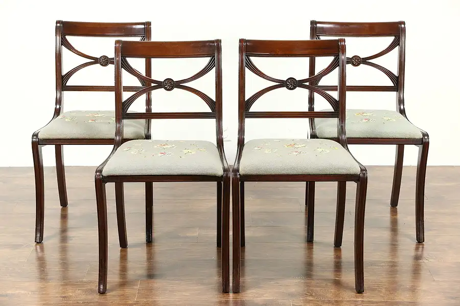 Main image of Set of 4 Traditional 1930 Vintage Dining Chairs, Mahogany & Needlepoint
