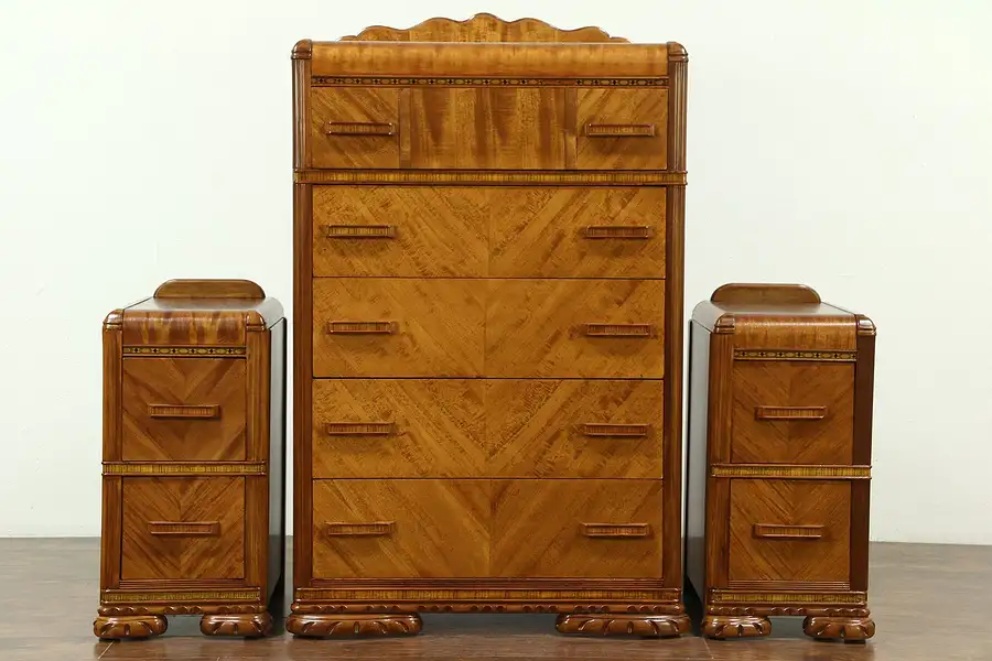 Main image of Art Deco Waterfall Vintage 3 Pc Bedroom Set, Tall Chest, 2 Nightstands