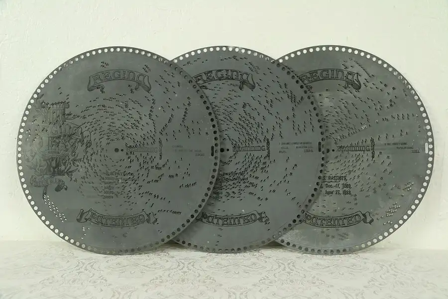 Main image of Three Antique 15 1/2" Regina Music Box Discs