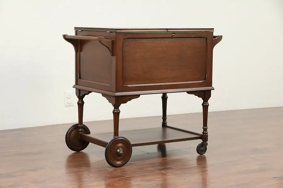 Main image of Rolling Bar Beverage Cart, 1940's Vintage Walnut, Locking Lid