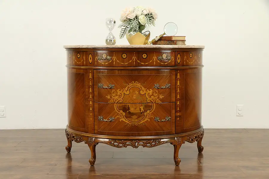 Main image of Demilune Half Round Vintage Console Cabinet, Marquetry Scene, Marble