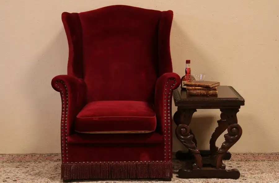 Main image of Red Velvet 1940 Wing Chair, Tapestry Cushion