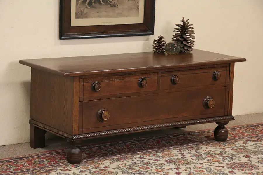 Main image of Oak 1900 Antique Low Chest, Bench or TV Console Cabinet