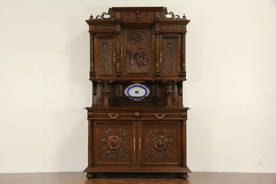 Main image of Royal Danish Jester Cabinet, Carved Walnut 1890 Antique