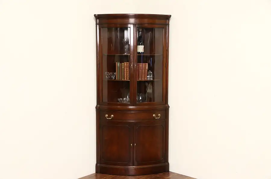 Main image of Georgian Vintage Mahogany Curved Glass Corner Cabinet, Signed Landstrom