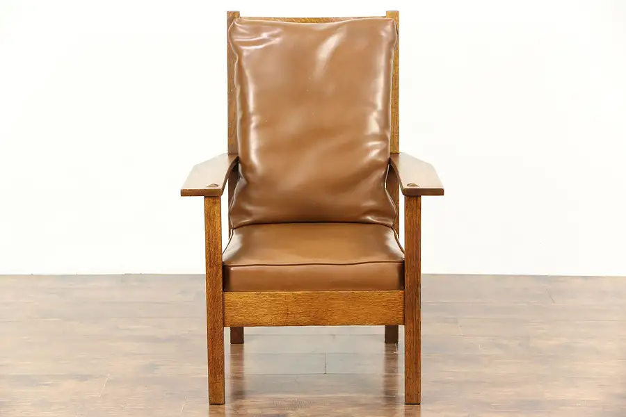 Main image of Arts & Crafts Mission Oak Antique Craftsman Chair, Faux Leather Cushions